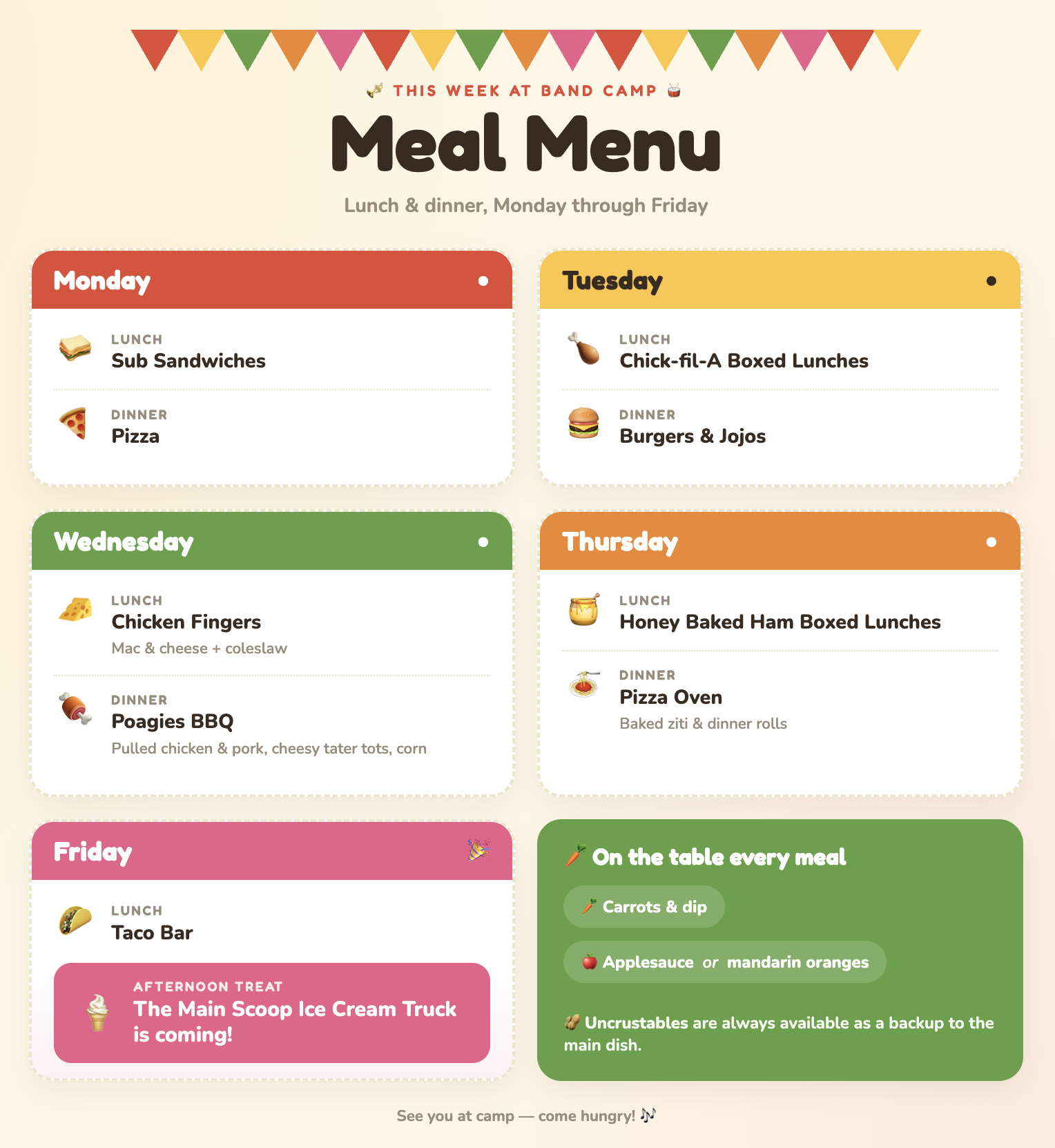 Band Camp Meal Menu