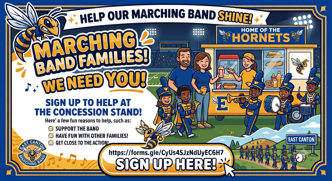 Marching Band Families - We Need You! Sign up to help at the concession stand.